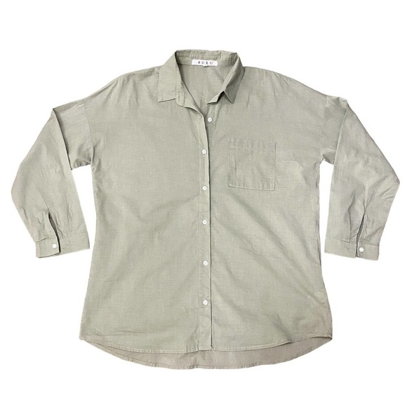 Buru Womens Button Up Shirt Pocket Long Sleeve Collared Green Top Blouse SZ S - Picture 3 of 8